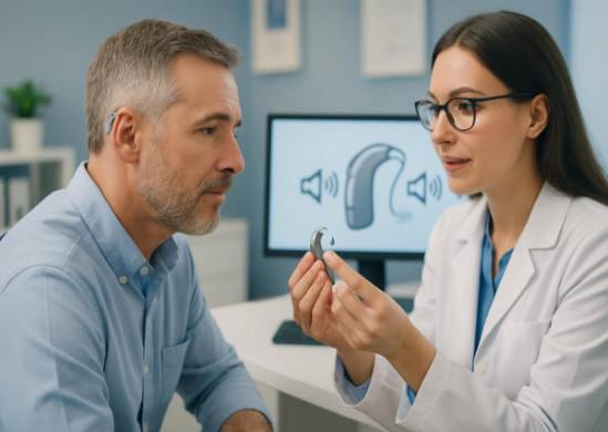 state-of-the-art hearing assistance, engaged, being explained by an audiologist, photorealistic, in a professional yet inviting audiology office, highly detailed, subtle noise-canceling indicators, ultra HD setup, blue and white, balanced indoor lighting, shot with an 85mm portrait lens.
