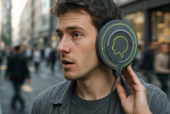 innovative hearing amplification, curious, being tested by a young adult, photorealistic, on a bustling city street with moving blurry figures, highly detailed, clear distinction between speech and background noise, high-resolution capture, graphite and neon accents, afternoon natural lighting, shot with a 35mm lens.