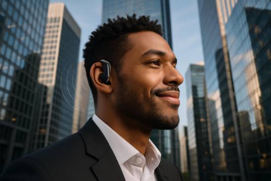 cutting-edge hearing instrument, satisfied, being worn by a stylish young professional, photorealistic, amidst skyscrapers with reflections on glass, highly detailed, faint sound waves visualized, full-frame coverage, ebony and silver, late afternoon ambient light, shot with a 24mm wide-angle lens.