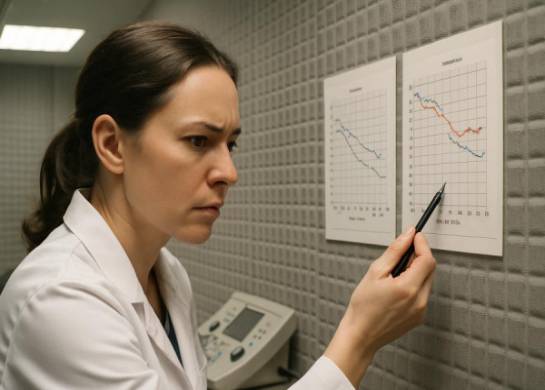 dedicated audiology exam, focused expression, analyzing, photorealistic, medical facility with soundproof walls, highly detailed, dynamic audiogram charts, ultra-high resolution, neutral colors, overhead fluorescent lighting, shot with a 50mm prime lens.