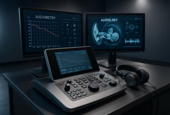 advanced audiology equipment, showcasing design, focusing, photorealistic, contemporary setting with tech displays, highly detailed, interactive screens, exceptional clarity, metallic hues, spotlighting, shot with a wide-angle lens.