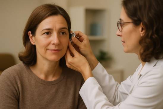 attentive audiology patient, relaxed expression, cooperating, photorealistic, consulting room with supportive environment, highly detailed, human interaction, crisp definition, warm skin tones, diffused lighting, shot with an 85mm prime lens.