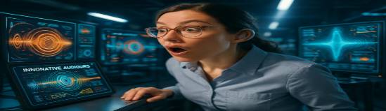 innovative audiology hearing, surprised expression, exploring, photorealistic, futuristic lab with digital interfaces, highly detailed, intricate sound patterns, ultra-sharp clarity, vibrant accents, focused beam lighting, shot with a tilt-shift lens.