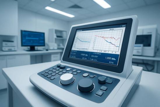 state-of-the-art audiogram machine, focused, operating in a laboratory environment, photorealistic, sterile white space with modern equipment, highly detailed, digital screens displaying data, high-resolution texture, cool tones, fluorescent lighting, shot with a 24mm wide-angle lens.
