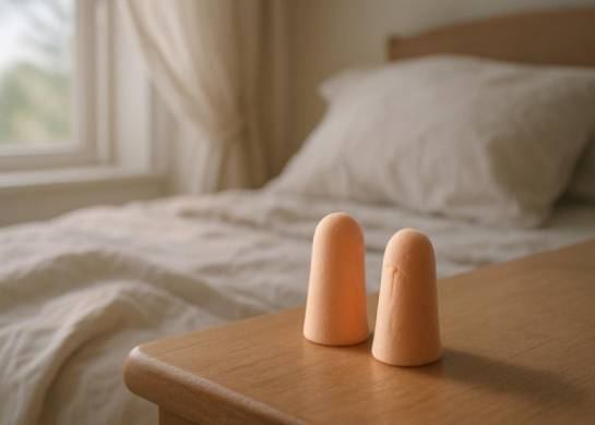 earplugs, thoughtful, resting on a bedside table, photorealistic, serene bedroom with soft linens, highly detailed, gentle wind from an open window, super detailed close-up, pastel colors, soft ambient lighting, shot with a 85mm macro lens.