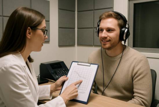 audiologist testing hearing, patient content, explaining results, photorealistic, clinic with acoustic panels and soundproofing, highly detailed, slight movement in conversation, crisp image quality, natural skin tones, overhead artificial lighting, shot with a 35mm lens.