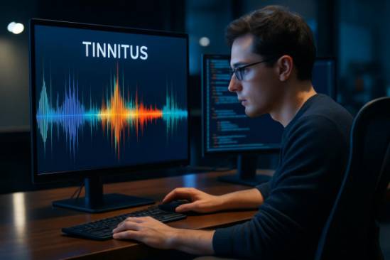 detailed tinnitus sound wave visualization, curious, analyzing on a computer screen, photorealistic, tech-savvy space with dual screens and ergonomic chair, highly detailed, light reflecting on glossy surfaces, vivid colors, studio lighting, shot with a 50mm lens.