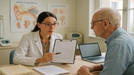 engaged audiology consultation, attentive expression, demonstrating hearing assessment with a patient, photorealistic, inside a bright and airy consultation room with medical posters and equipment, highly detailed, with a stack of charts and open laptop, natural daylight filtering through windows, pastel tones, diffused lighting, shot with a 35mm lens.