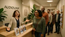 busy audiology clinic, welcoming expression, a receptionist greeting patients, photorealistic, at the clinic entrance with plants and calming interior decor, highly detailed, with a queue of diverse patients and brochures on display, warm lighting, neutral hues, overhead soft lighting, shot with a 24mm lens.