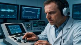 complex audiology testing, concentrated expression, performing tests with advanced equipment, photorealistic, in a high-tech room with multiple monitors and sound analysis tools, highly detailed, with digital displays and graphs visible, cool blue lighting, clinical white and silver, focused lighting, shot with a macro lens.