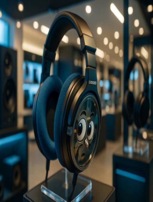 detailed audiology headphones, inquisitive expression, being examined on a display, photorealistic, in a sleek retail environment with other audio equipment, highly detailed, showing the inner components and branding, vibrant hues, LED spotlights, shot with a tilt-shift lens.