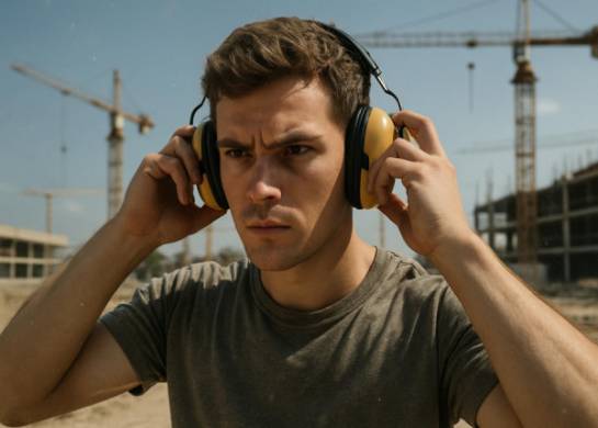 young man, determined expression, actively putting on earmuffs, photorealistic, standing at a construction site with cranes in the background, highly detailed, dust particles swirling in the air, Nikon D850, muted colors, bright midday lighting, shot with a 24mm lens.