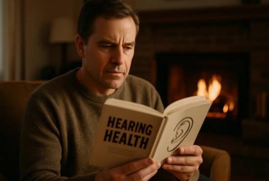 middle-aged man, focused expression, reading a book on hearing health, photorealistic, cozy living room setting with a fireplace in the background, highly detailed, pages slightly rustling, Sony A7R IV, earth tones, soft ambient lighting, shot with a 50mm lens.