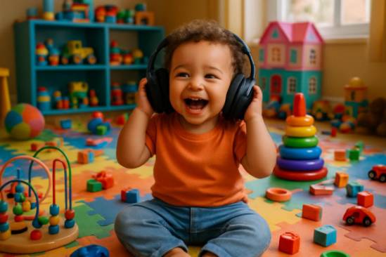 child, joyful expression, playing with noise-cancelling headphones, photorealistic, a colorful playroom filled with toys, highly detailed, toys scattered on the floor, Fujifilm GFX 100, vibrant colors, diffused morning lighting, shot with a 35mm lens.