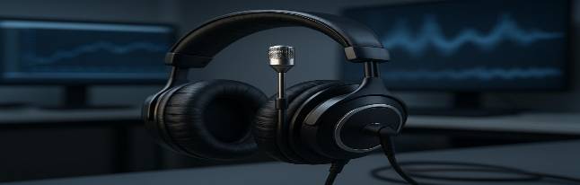 professional audiology headphones, focused and elegant, measuring audio input, photorealistic, located in a research facility with computer screens showing graphs, highly detailed, ambient sound waves visualized, 8k resolution, sleek black, studio lighting, shot with a 50mm prime lens.