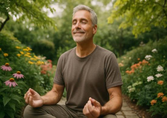 effective tinnitus treatment, hopeful expression, engaging in mindfulness practice, photorealistic, serene garden with blooming flowers, highly detailed, gentle breeze moving leaves, earth tones, diffused sunlight, shot with a 24mm lens.