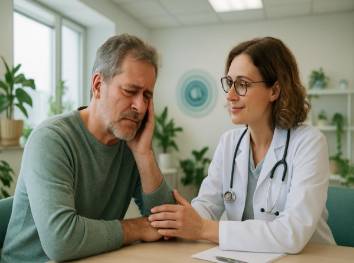 compassionate tinnitus healthcare, comforting expression, consulting with a specialist, photorealistic, bright clinic room adorned with plants, highly detailed, quiet ambient noise visuals, pastel colors, overhead fluorescent lighting, shot with a 35mm lens.