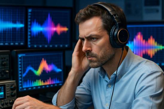 dynamic tinnitus sound therapy, focused expression, analyzing sound frequencies, photorealistic, high-tech lab with sound analysis devices, highly detailed, screens displaying frequency patterns, vibrant digital hues, balanced studio lighting, shot with a 70-200mm lens.