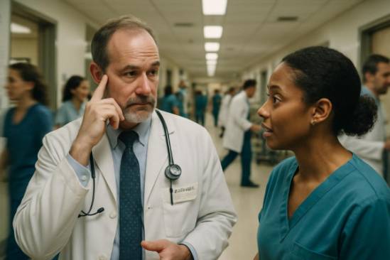 Connecticut doctor, thoughtful expression, engaging in conversation with nurse, photorealistic, hospital hallway filled with bustling staff, highly detailed, motion blur of nearby people, natural colors, fluorescent lighting, shot with a wide-angle lens.