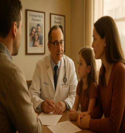 dedicated Connecticut ear doctor, calm expression, consulting with a family, photorealistic, well-lit meeting room with family posters, highly detailed, papers on the table, warm color tone, diffused sunlight, shot with a 35mm lens.