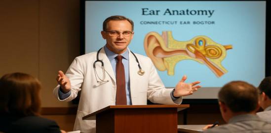 professional Connecticut ear doctor, confident expression, delivering a lecture, photorealistic, conference room with projection screen, highly detailed, audience taking notes, bright colors, spotlight lighting, shot with a telephoto lens.