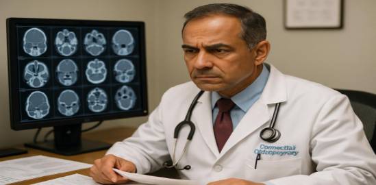 Connecticut otolaryngologist, diagnostic expression, reviewing patient scans, photorealistic, doctor's office with CT scans displayed, highly detailed, medical charts on the desk, natural colors, overhead lighting, shot with a 70-200mm lens.