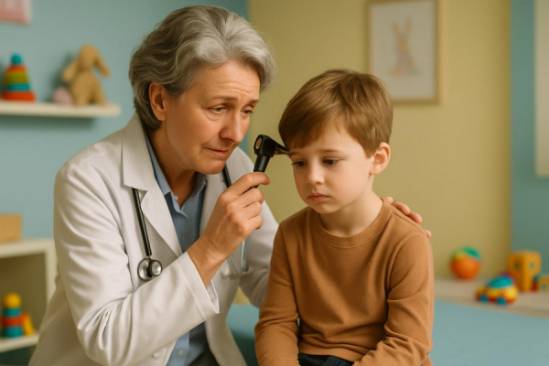 experienced ear doctor, empathetic expression, comforting a young patient, photorealistic, pediatric exam room with colorful walls, highly detailed, toys scattered around, pastel colors, gentle lighting, shot with a 85mm lens.