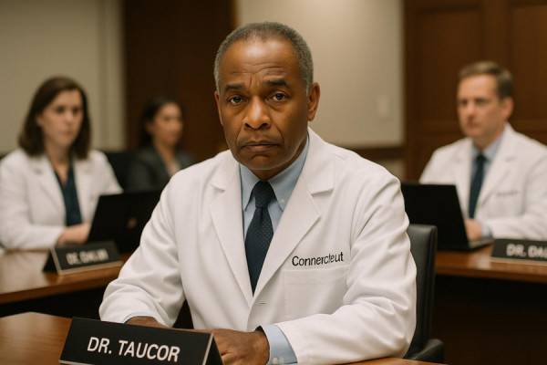 accomplished Connecticut doctor, serious expression, participating in a medical board meeting, photorealistic, polished meeting room with nameplates, highly detailed, laptops open on the table, neutral colors, artificial lighting, shot with a fixed 50mm lens.