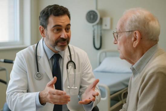 Connecticut doctor, reassuring expression, explaining procedure to elderly patient, photorealistic, clinic room with elderly care equipment, highly detailed, hand gestures visible, soothing colors, daylight from window, shot with a portrait lens.
