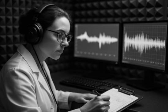attentive audiologist, engaged expression, recording audio metrics, photorealistic, sound lab with acoustic panels, highly detailed, waveform monitors, monochromatic colors, focused lighting, shot with a 100mm macro lens.