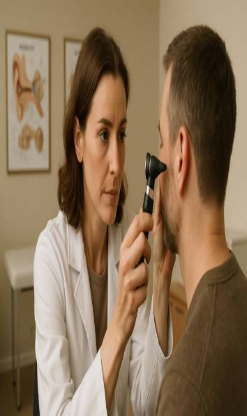 dedicated audiology specialist, attentive expression, diagnosing patient, photorealistic, clean and spacious consultation room with diagrams on walls, highly detailed, subtle movement of hands, ultra-sharp focus, warm earthy palette, indirect lighting, shot with a 35mm lens.