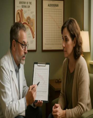 in-depth audiology consultation, engaging conversation, discussing test results, photorealistic, cozy office with comfortable seating and charts, highly detailed, pen tapping on clipboard, crisp resolution, muted greens and browns, soft desk lamp lighting, shot with a 50mm lens.