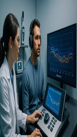 modern audiology exam, innovative approach, testing hearing, photorealistic, well-equipped facility with advanced devices, highly detailed, visual representation of sound frequencies, high-definition image, metallic and blue tints, gentle overhead lighting, shot with a 24mm lens.