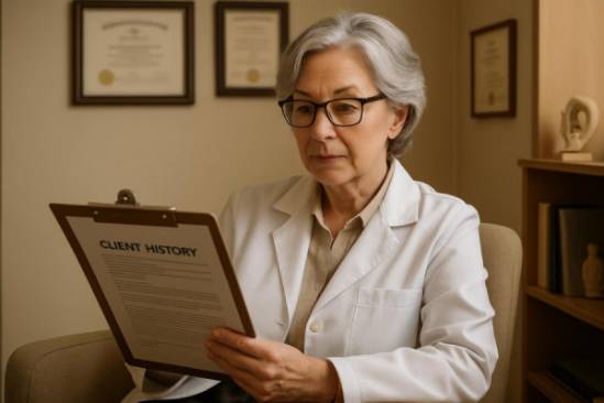 experienced audiology specialist, professional demeanor, reviewing client's history, photorealistic, quaint and personalized office space with diplomas, highly detailed, hands resting on armrest, exceptional clarity, warm cream and taupe shades, soft ambient lighting, shot with a 50mm lens.