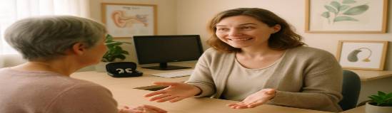 friendly audiology consultation, welcoming interaction, explaining procedures, photorealistic, intimate workspace with patient-centered décor, highly detailed, softly gesturing hands, high-resolution detail, pastel color scheme, indirect window lighting, shot with a 35mm lens.