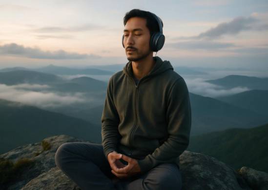 contemplative sound meditation, serene expression, finding balance, photorealistic, atop a quiet mountain peak, highly detailed, clouds lazily drifting, muted blue and green hues, soft dawn lighting, shot with a 24mm lens.