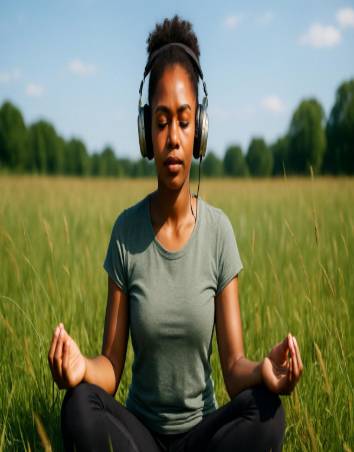 harmonizing sound balance, focused expression, achieving tranquility, photorealistic, in a large open meadow, highly detailed, grass swaying in the breeze, vibrant natural colors, bright midday sun, shot with a 50mm lens.