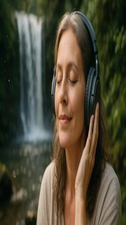 calming sound therapy, relaxing expression, encouraging serenity, photorealistic, near a tranquil waterfall, highly detailed, water droplets caught mid-air, lush greenery, diffused sunlight, shot with a 100mm lens.