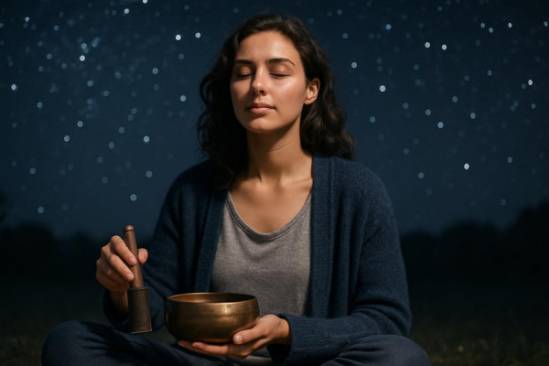 balancing sound relaxation, reflective expression, nurturing ease, photorealistic, beneath a starlit sky, highly detailed, stars twinkling vividly, deep indigo and silver tones, low light nighttime setting, shot with a 135mm lens.